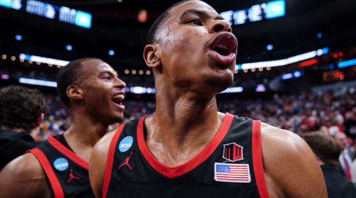 San Diego State forward Keshad Johnson celebrates a win over Alabama.